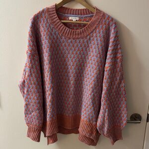 Oversized Cozy Knit Sweater - Orange and Blue